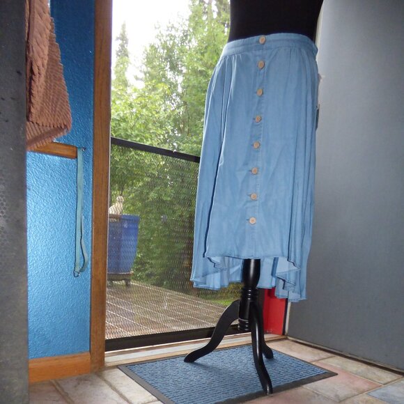 CAFFE MARRAHESH GOTH PRAIRIE BUTTON UP HI LO CHAMBRAY BLUE SKIRT BOHO COWGIRL 12 - Picture 2 of 5
